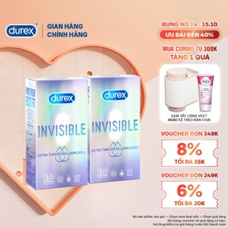 Bộ 2 hộp Durex Invisible Lubricated siêu mỏng, bôi trơn (size 52mm, 10 bao/hộp)