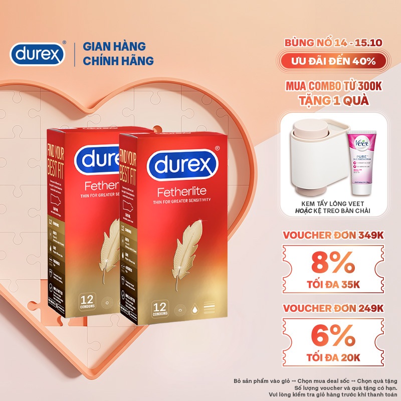 Bộ 2 hộp Durex Fetherlite siêu mỏng (size 52.5mm, 12 bao/hộp)