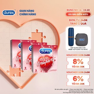 Bộ 3 hộp Durex Sensual Strawberry hương dâu (size 53mm, 3 bao/hộp)