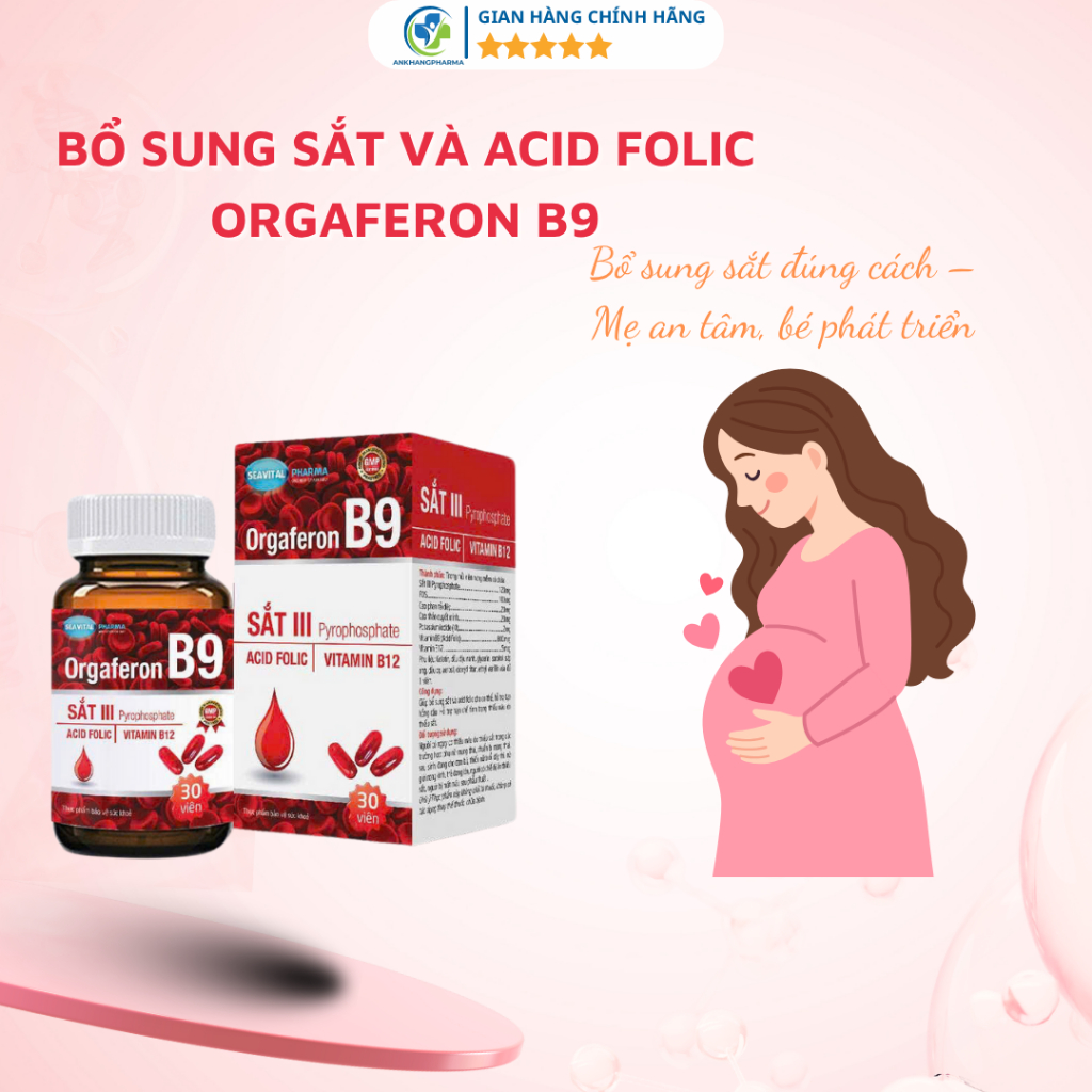 ORGAFERON B9 viên uống bổ sung sắt, acid folic cho phụ nữ mang thai, sau sinh, người thiếu máu