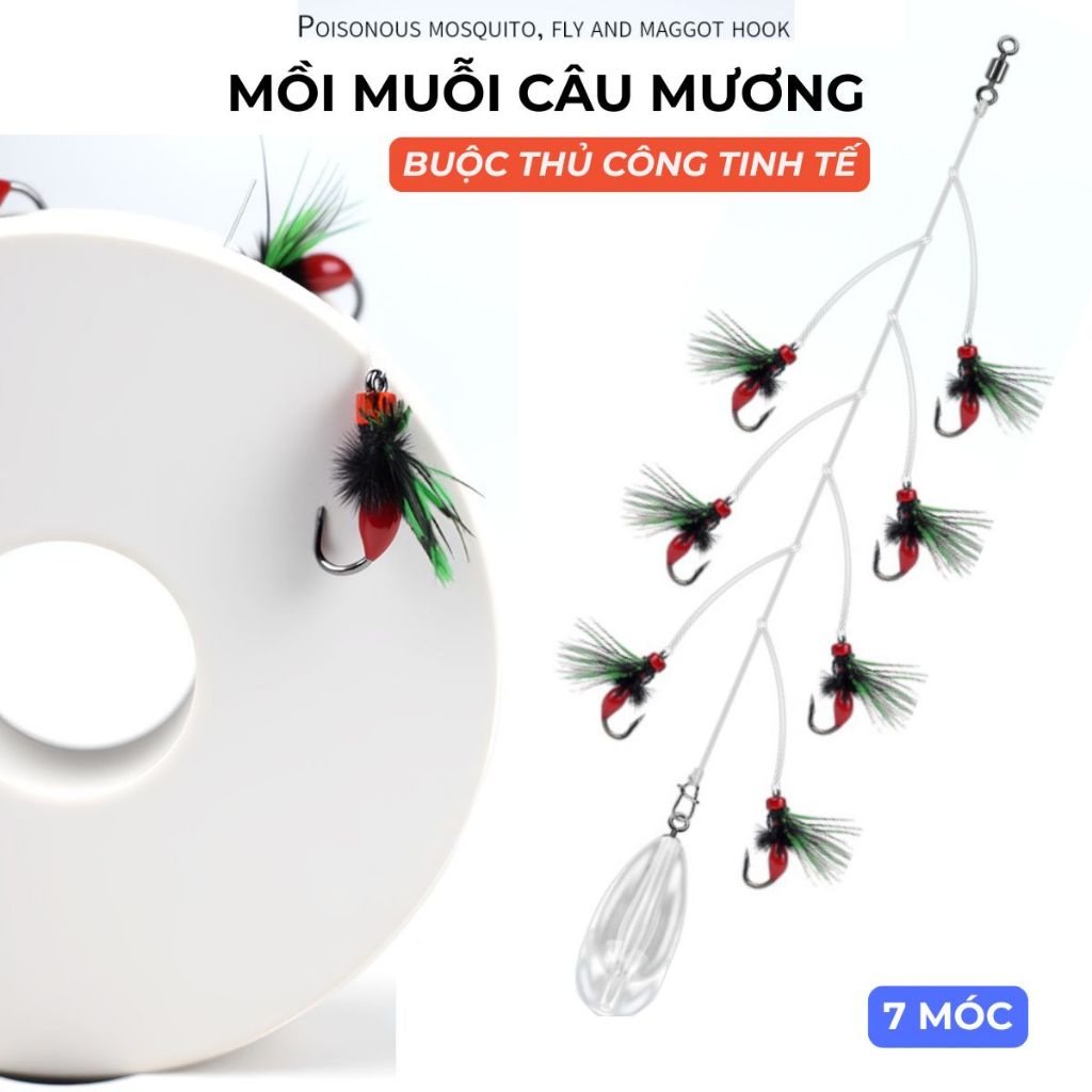 Bộ 7 Mồi Muỗi Giả Buộc Sắn Chữ T Chuyên Câu Lure Cá Mương, Rô Phi, Thiểu, Ngão ,...+ 5 Hạt Trợ Lực A