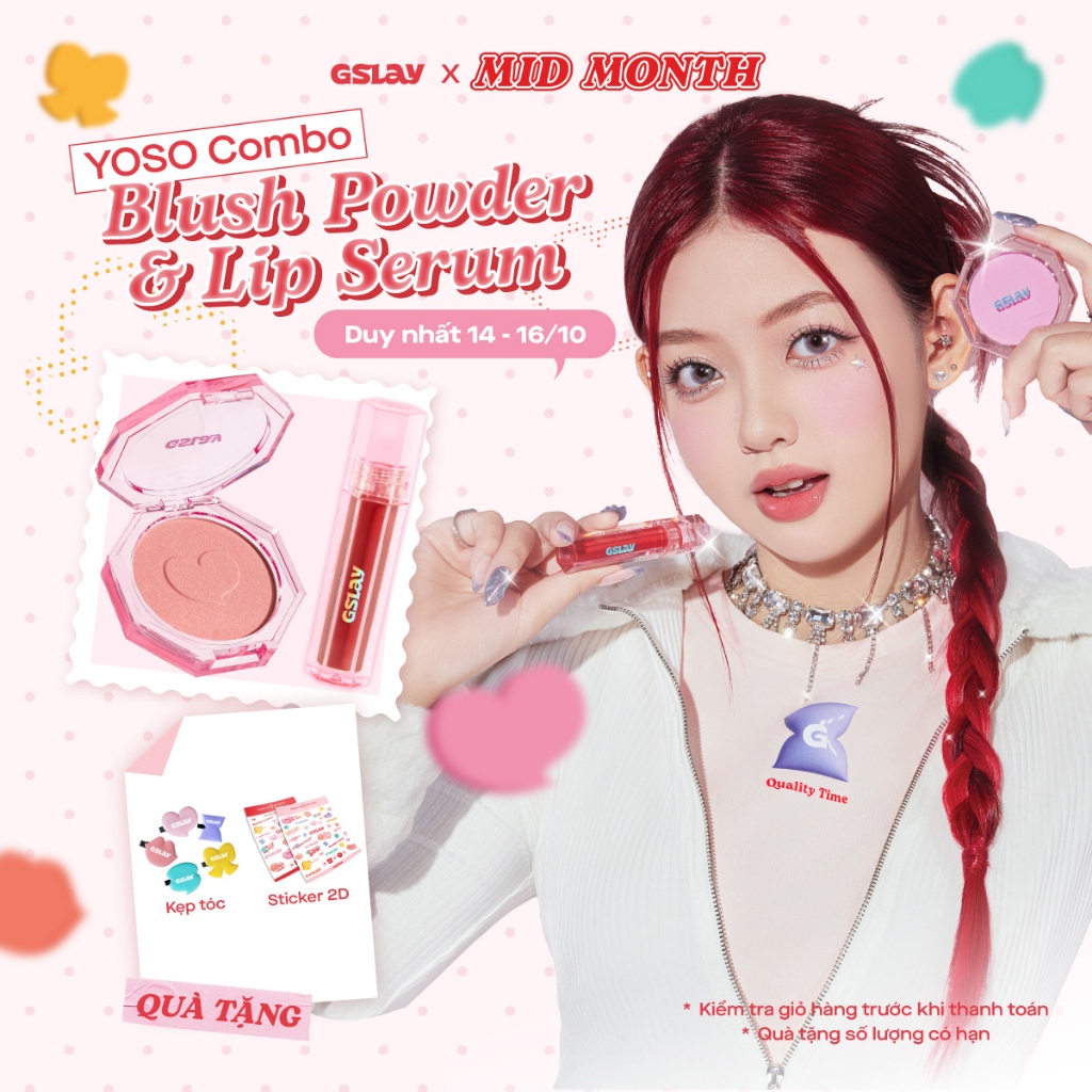 Combo GSLAY YOSO Son dưỡng bóng có màu thuần chay (1ml) & Phấn má hồng mịn lì lên chuẩn màu (5g)