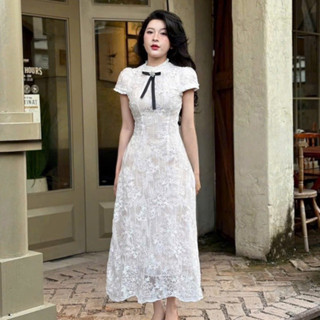  Đầm váy nữ chất ren thêu hoa nổi cổ tròn tay ngắn phối cườm cổ dáng xòe dài kèm lót lụa thanh lịch dự tiệc - SHOP NGÔ 