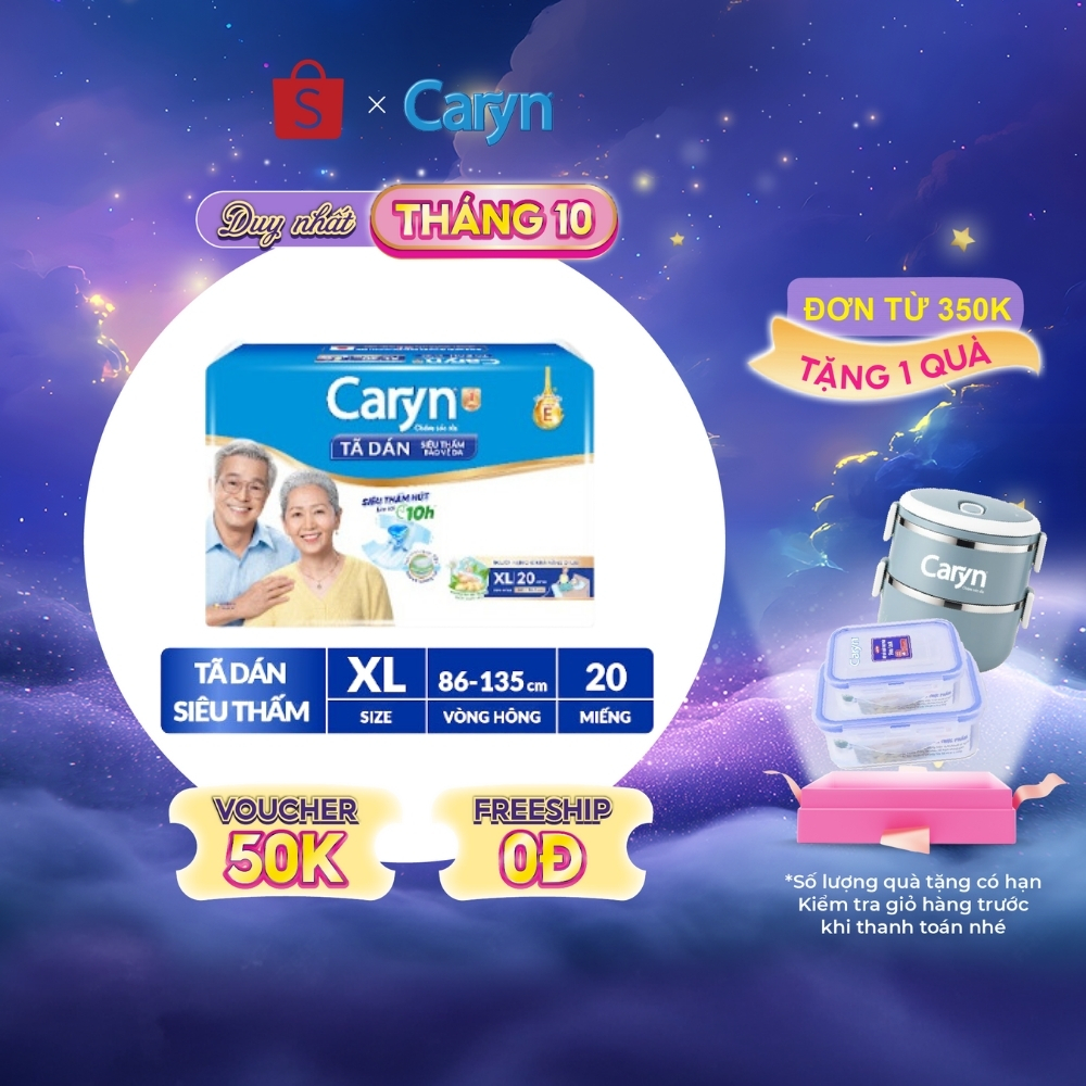 Tã/Bỉm dán người lớn siêu thấm Caryn dành cho người hạn chế khả năng đi lại Size XL (10/20pcs) (tặng miếng ngẫu nhiên)