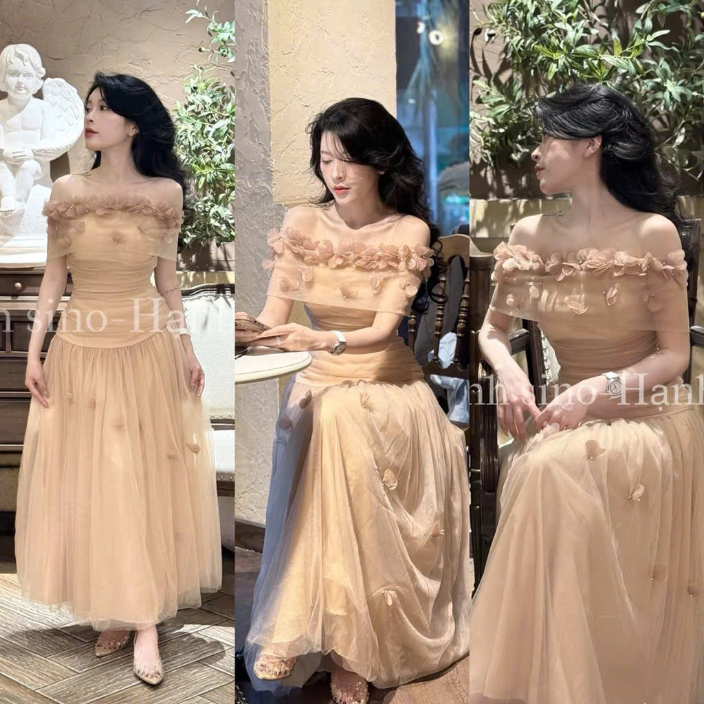Váy nữ váy xinh váy dáng dài váy trễ vai nâu tây hoa ngọc cao cấp vải lưới 3 lớp siêu xinh shop HN DESIGN