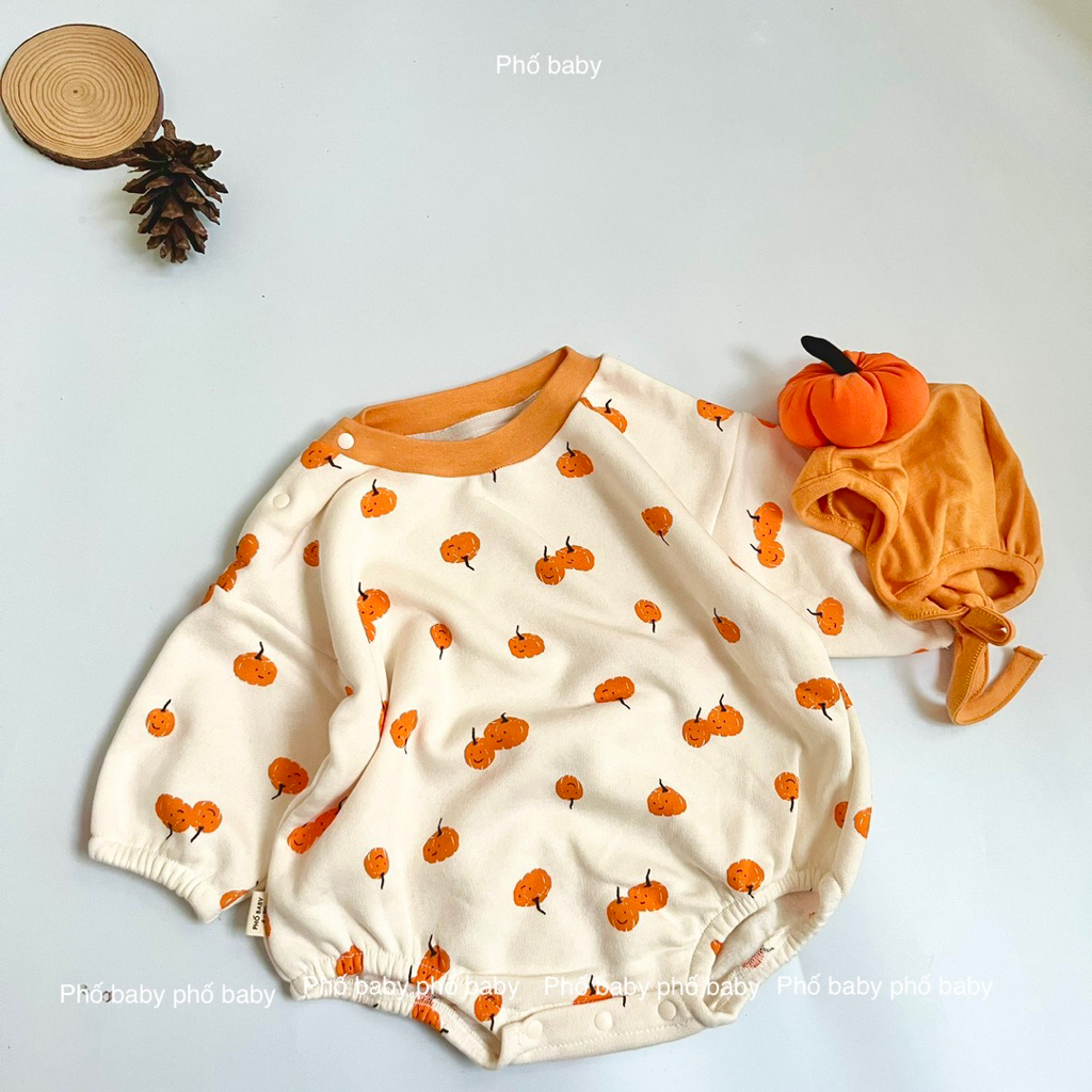 bodysuit nỉ bông dài tay thu đông cho bé trai, bé gái dày dặn giữ ấm mùa đông hallowen