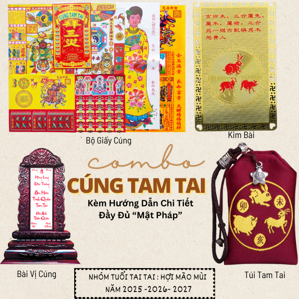 Giấy Cúng Tam Tai 2026 [Đủ Bộ]Giấy cúng,Túi,Kim Bài Tam Tai(Hợi Mão Mùi) kèm hướng dẫn