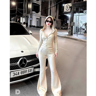  Set đồ nữ tiểu thư sang chảnh áo dài tay kéo khóa có mũ phối quần ống loe dài thể thao cá tính thiết kế LONA Jennies 