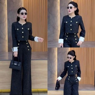  Set dạ OAMY Áo Khoác Dạ Dáng Lửng Tay Dài Phối Quần Xuông  Ống Rộng Phối Cúc Vàng Đi Chơi Đi Làm Công Sở 