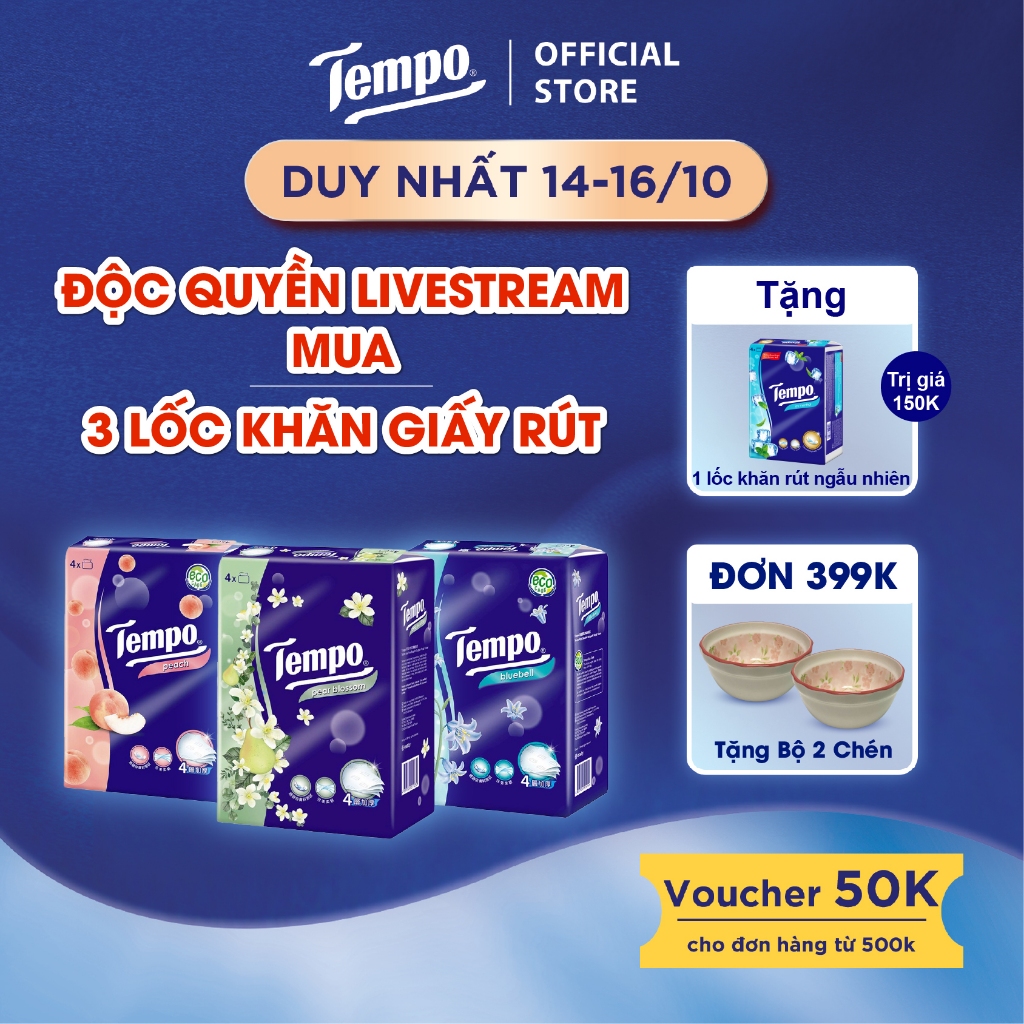 [ĐỘC QUYỀN LIVESTREAM - MUA 3 LỐC TẶNG 1 LỐC] Khăn Giấy Rút Cao Cấp Tempo 4 Lớp Bền Dai, An Toàn Cho Da Thương Hiệu Đức