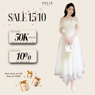 Đầm Dự Tiệc Cưới, Đầm Đi Bàn Cô Dâu JOLIE Thiết Kế Đầm Maxi Trễ Vai Phối Lưới Đính Đá Tiểu Thư T40