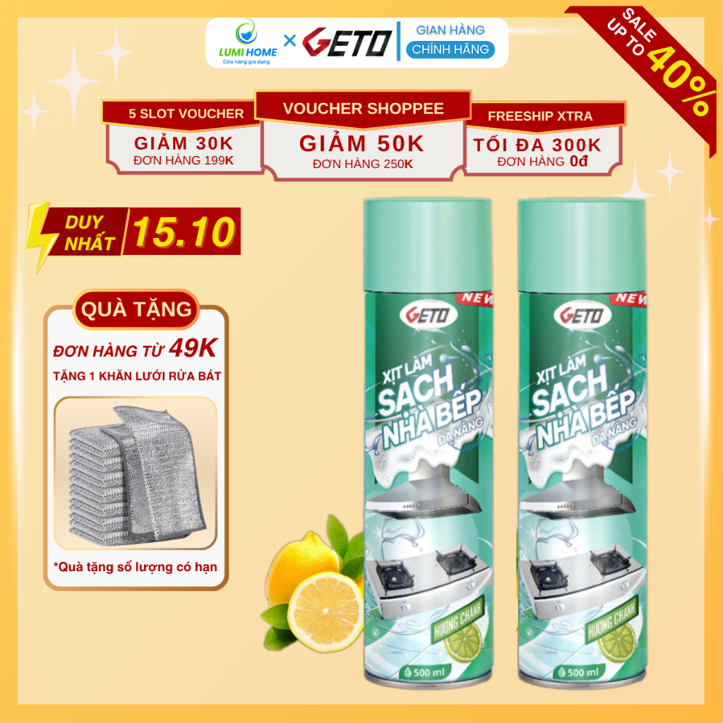 Bình xịt tẩy dầu mỡ nhà bếp Geto hương chanh 500ml, Lau sạch vết bẩn trên tường, máy hút mùi