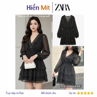  ZARA Đức - Đầm ngắn dáng xòe tay dài bèo voan cổ V đen chấm bi trắng chiết eo co giãn sale auth new tag có sẵn 2587 168 