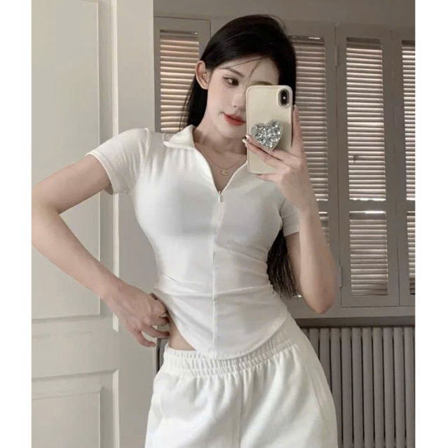 Áo thun polo ngắn tay nữ body kéo khoá , chất tăm gân