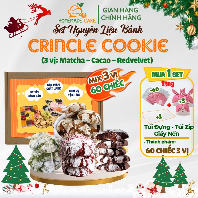 Set làm bánh Crinkle Cookie 60 chiếc mix 3 vị Nguyên liệu làm Bánh Quy phủ đường- HomeMadeCAKE