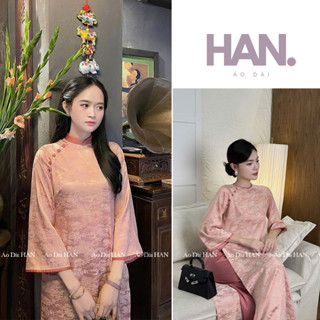  Áo Dài Cách Tân Như Yên Gấm Hoa Viên Hồng Dáng Suông Phối Viền Cổ Viền Tay - Áo Dài Han 
