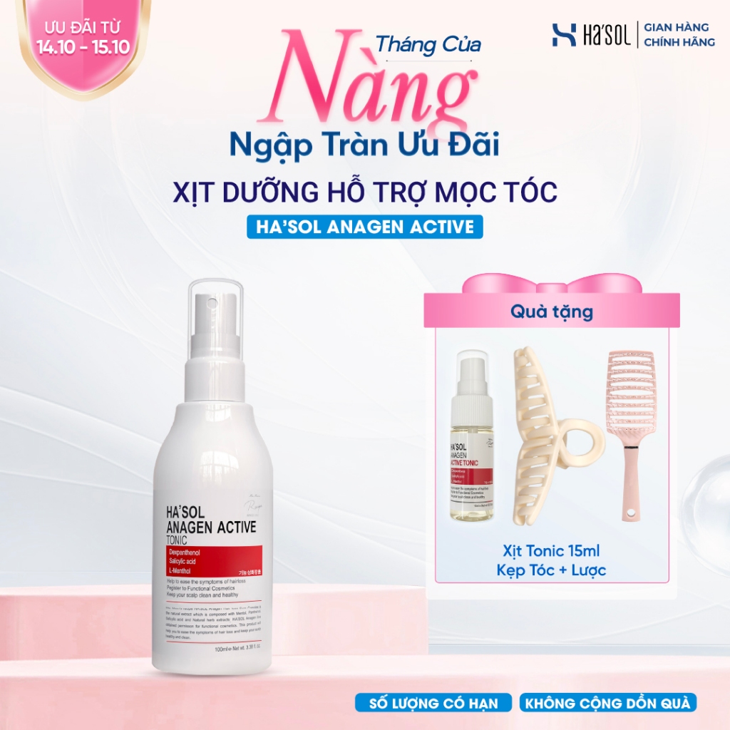 Xịt Dưỡng HASOL Kích Mọc, Ngăn Rụng, Nuôi Dưỡng Da Đầu Nang Tóc Chắc Khỏe - Ha'sol Anagen Active Tonic 100ML