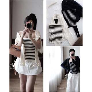 METWO. - Set áo quây len kẻ ngang kèm áo khoác cardigan len trơn dài tay QC dày dặn ulzzang tiểu thư Hàn Quốc #3676