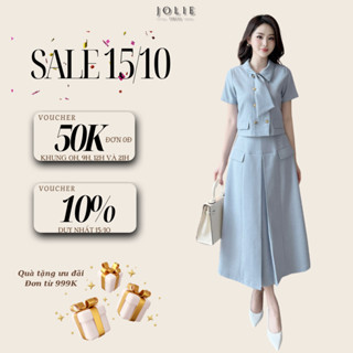 Set Váy Nữ Basic Thanh Lịch JOLIE Set Áo Cổ Nơ Cúc Đồng Phối Chân Váy Dài Tôn Dáng Che Khuyết Điểm Tốt S845
