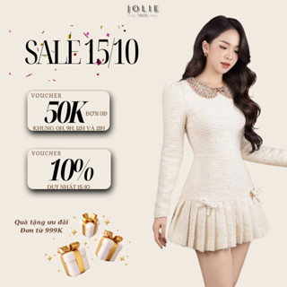Váy Dạ Dài tay Tiểu Thư JOLIE Thiết Kế Phần Cổ Áo Đính Cườm, Chân Váy Xếp Ly Đính Nơ Tạo Điểm Nhấn Siêu Xinh V1292