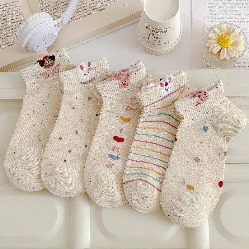 SET 10 ĐÔI TẤT Thỏ Bông Chấm Bi Cổ Ngắn Hình Dễ Thương
