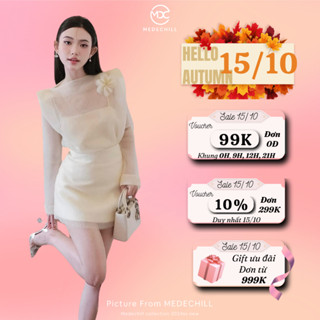 Set Đồ Tiểu Thư Sang Chảnh Thanh Lịch MEDECHILL Áo Gắn Hoa Kèm Áo 2 Dây, Chân Váy Dáng Chữ A 3 Lớp Lót Tôn Dáng S547