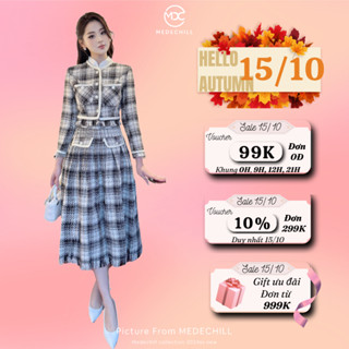 Set Dạ Siêu Xinh MEDECHILL Thiết Kế Set Váy Dài Tay, Đính Cúc Mix Cùng Chân Váy Dáng Dài Xếp Ly Sang Chảnh S250