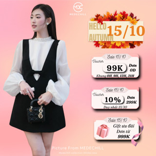 Set Yếm Thanh Lịch MEDECHILL Váy Yếm 2 Dây Gắn Nơ Tạo Điểm Nhấn, Áo Sơ Mi Dài Tay Cổ Lọ Phối Ngọc Sang Chảnh S587