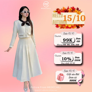 Set Dạ Tiểu Thư Basic MEDECHILL Áo Cổ Nơ Dài Tay Mix Chân Váy Xếp Ly Xoè Dài Tôn Dáng Mặc Công Sở, Dự Tiệc T19