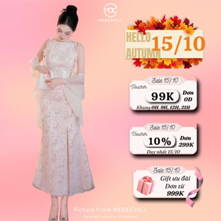 Đầm Cổ Yếm, Đầm Đuôi Cá Dáng Dài Dây Hoa Kèm Khăn Tiểu Thư, Sang Chảnh Chất Ren Hoa Cao Cấp T203