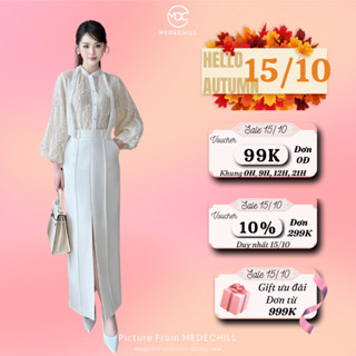 Set Công Sở, Set Dự Tiệc MEDECHILL Set Váy Trắng Áo Ren Hoa Tay Bồng Tiểu Thư Phối Chân Váy Bút Chì Thanh Lịch S867