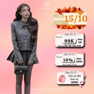 Set Dạ Tiểu Thư MEDECHILL Áo Dài Tay Đính Nơ Túi Cúc Bọc Phối Chân Váy Xếp Ly Xoè Tôn Dáng S818