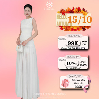 Đầm Maxi Thanh Lịch Basic MEDECHILL Đầm 2 Dây Cổ Thuyền Khoét Lưng Chất Chéo Phối Tơ Thướt Tha T189