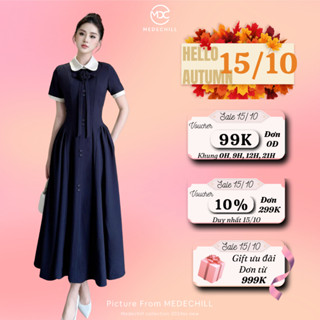 Đầm Sơ Mi Công Sở Cao Cấp MEDECHILL Váy Xếp Ly Dáng Dài Cổ Sen Đính Nơ Hoa Tiểu Thư V1387