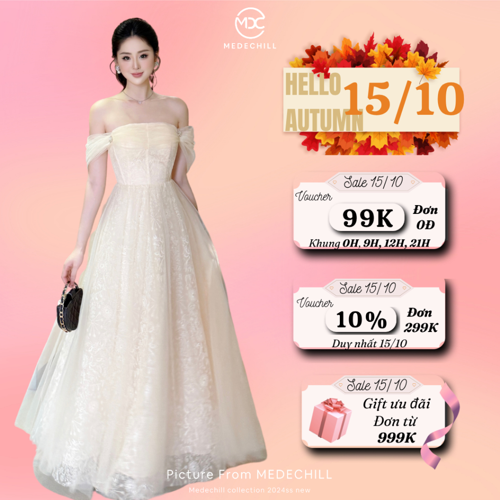 Đầm Dự Tiệc Sang Chảnh, Váy Cô Dâu Medechill Đầm Trễ Vai Dáng Dài Đính Đá Sang Trọng, Tiểu Thư T170