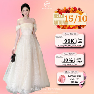 Đầm Dự Tiệc Sang Chảnh, Váy Cô Dâu Medechill Đầm Trễ Vai Dáng Dài Đính Đá Sang Trọng, Tiểu Thư T170