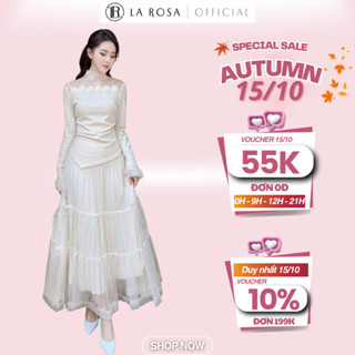Set Váy Tiểu Thư La Rosa Áo Len Lệch Vạt Phối Cổ Ren, Hoa Đính Tạo Điểm Nhấn, Chân Váy Xếp Ly Dài Tôn Dáng A811, CV790