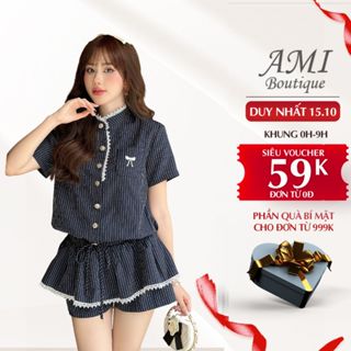 Bộ Jumpsuit Nữ Ngắn Chất Tuytsi Xanh Kẻ Sọc Cổ Tàu Phối Ren Quần Đùi Giả Váy Có Thắt Chun S631 Medechill