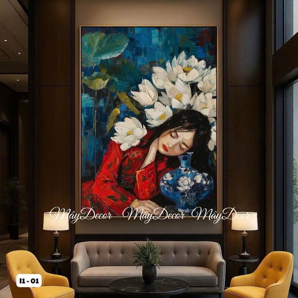 Tranh Thiếu Nữ Bên Hoa Sen - decor nội thất, phòng khách, phòng trà ,phòng ngủ , spa , homestay