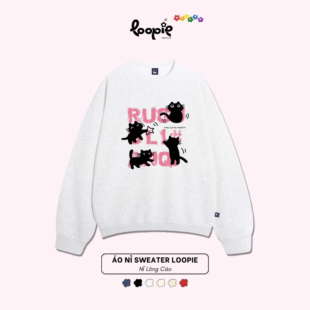 Áo Sweater LOOPIE CLUB BST148 Mèo Nghịch Ngợm - Áo Nỉ Lông Cáo Dày Dặn Aesthetic Outfit