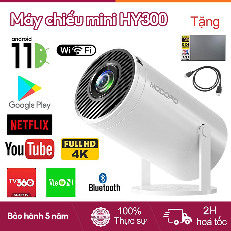 MODOFO Máy chiếu mini HY300 Full HD android 11.0 độ sáng 8000 lumens Bluetooth 5.0 kết nối nhiều thiết bị độ phân giải