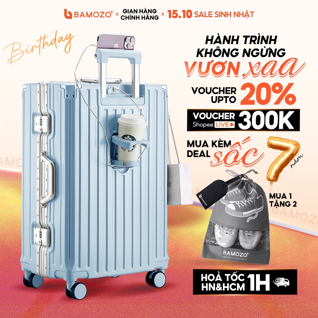 Vali Khung Nhôm Khóa Sập Bamozo Size 20/24/28 Inch, Nhựa PC Cao Cấp, Bo 4 Góc Kim Loại Chống Va Đập Cực Tốt_9066