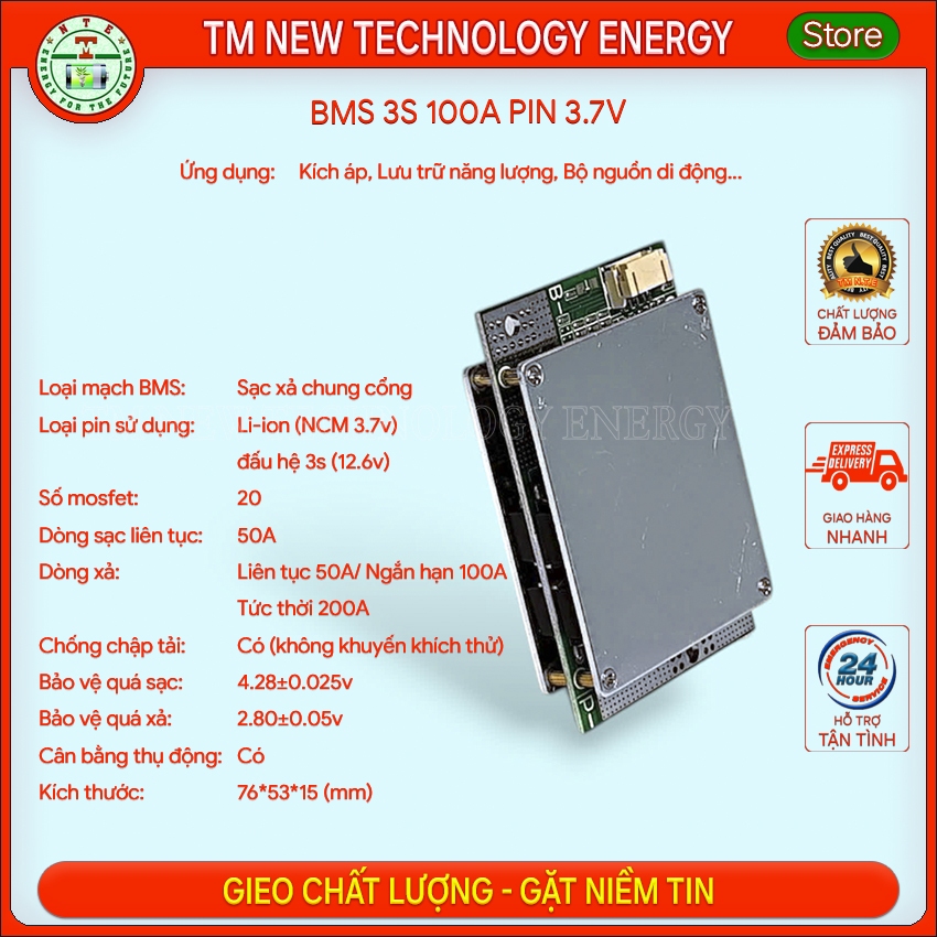 Mạch BMS 3s 100A dùng cho pin Li-ion (NCM 3.7v) làm bình kích, lưu trữ, UPS,..