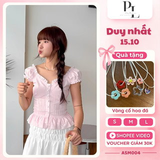 Áo Sơ Mi Hồng Kiểu Nhún Bèo, Áo Sơ Mi Trễ Vai Vạt Xoè Phối Cúc Bọc Tiểu Thư Poly Studios