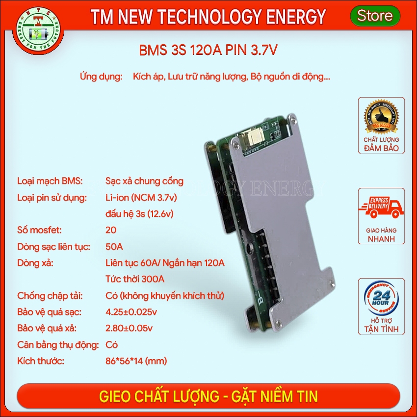 Mạch BMS 3s 120A dùng cho pin Li-ion (NCM 3.7v) làm bình kích, lưu trữ, UPS,..