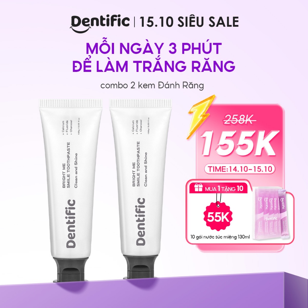 Combo 2 kem đánh răng than hoạt tính Dentific Bright Me Smile hỗ trợ làm sáng răng, sạch mảng bám, Tuýp 100g