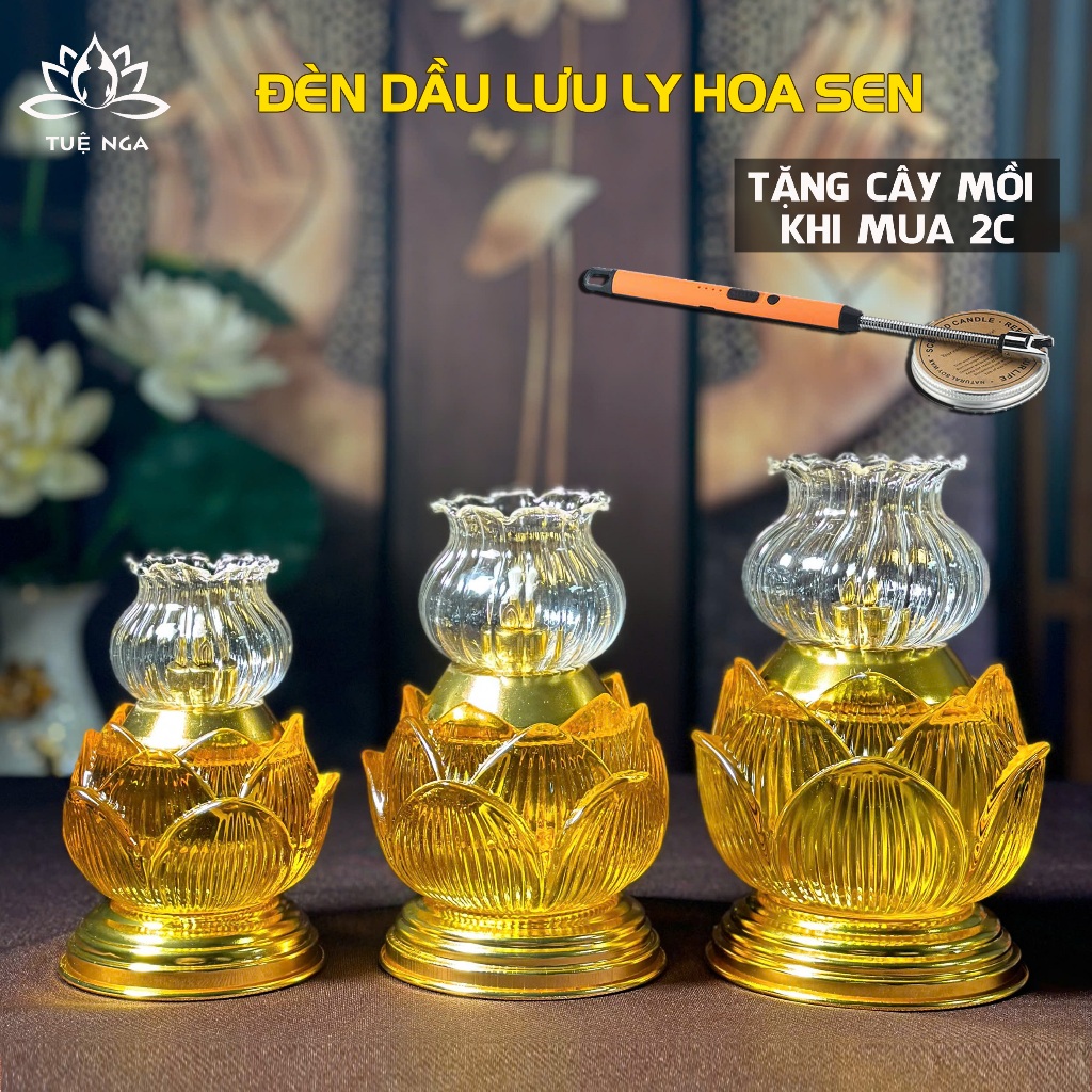 Đèn Dầu Lưu Ly Hoa Sen Cao Cấp, Trưng Ban Thờ Phật, Ban Gia Tiên, Ban Thờ Thần Tài