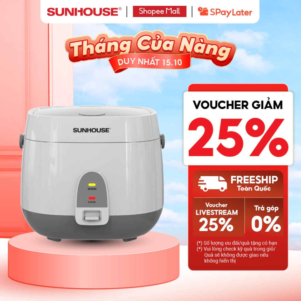 Nồi cơm điện 1.8L Sunhouse SHD8611- Lòng nồi: 1mm, chống dính 2 lớp vân đá, 4-6 người dùng - Sản xuất tại Việt Nam