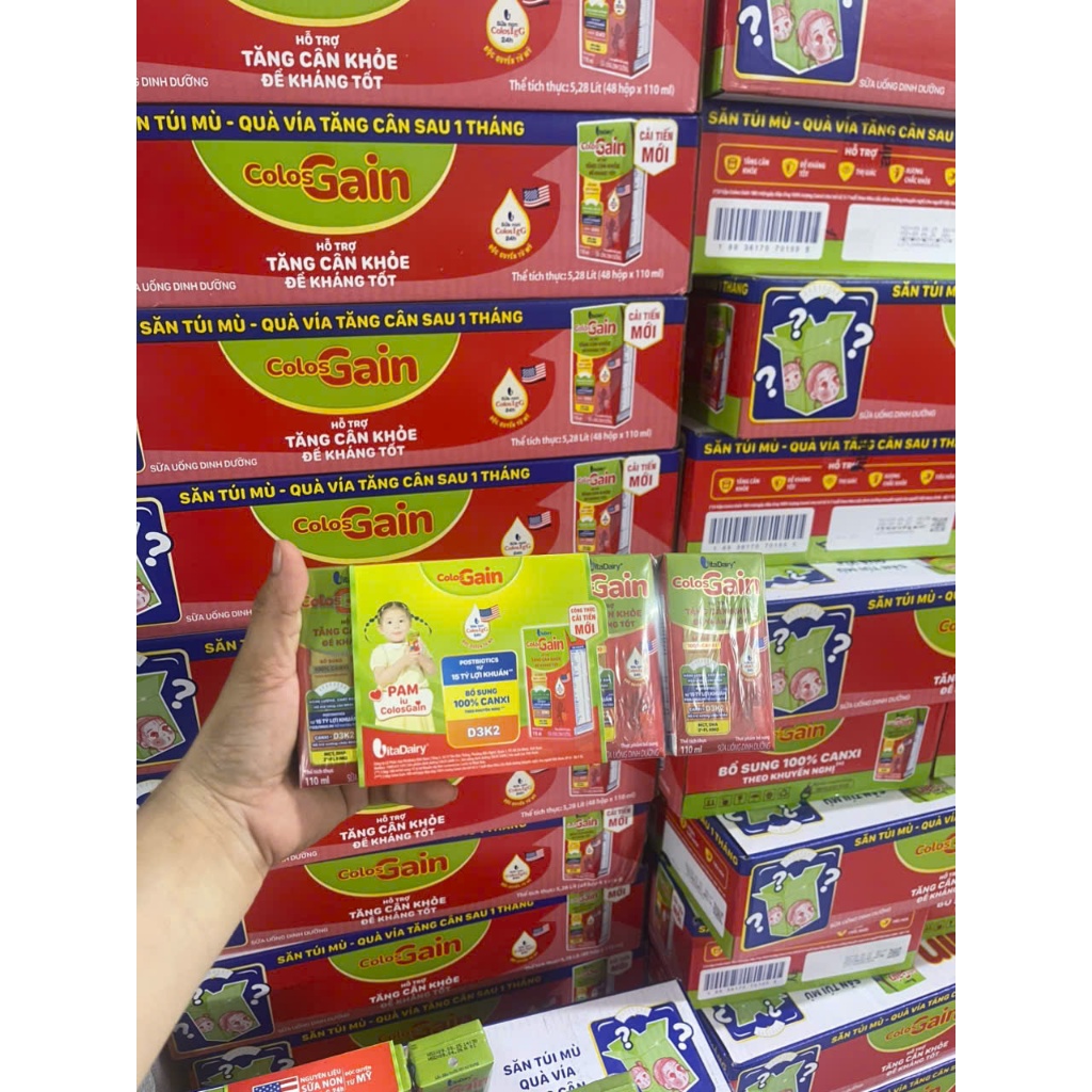 Thùng sữa bột pha sẵn Colos Gain, sữa công thức cho bé, sữa hộp dinh dưỡng Vitadairy 110ml ( ko thẻ 