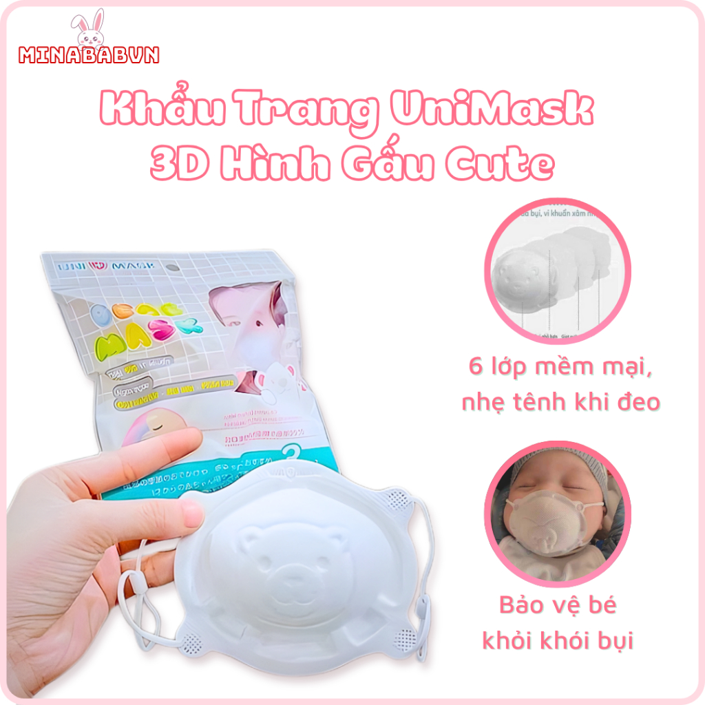 Khẩu Trang UniMask 3D Hình Gấu, Set 3 Chiếc Khẩu Trang Hình Gấu Cho Bé Hàng Loại 1 Kháng Khuẩn